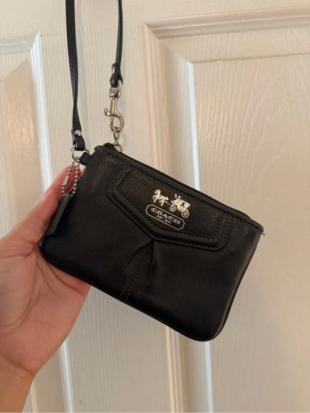 Coach Black Leather Wristlet with Signature Tag